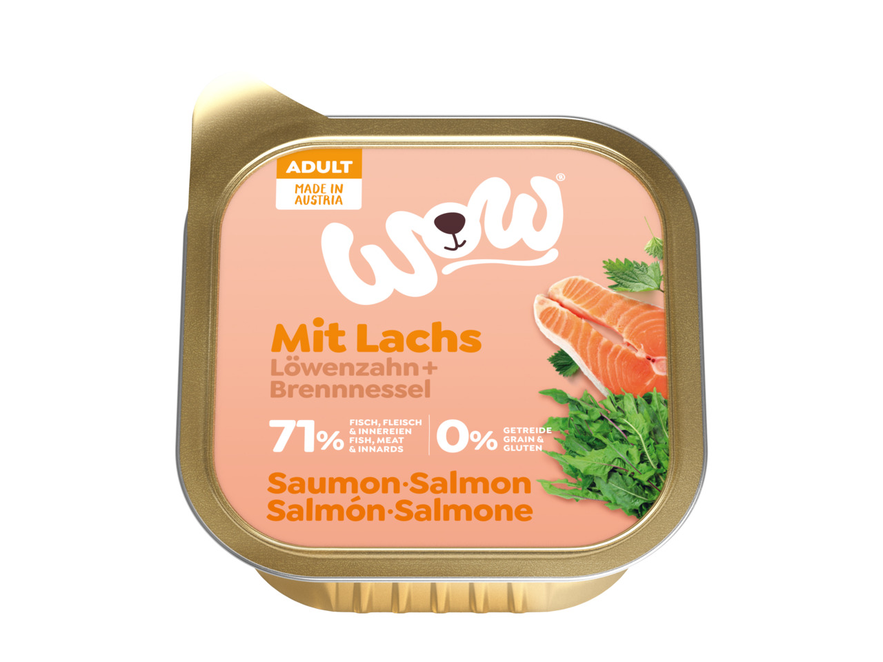 Sparpaket 11 x 150 g Wow Adult Lachs mit Löwenzahn + Brennnessel Hunde Nassfutter
