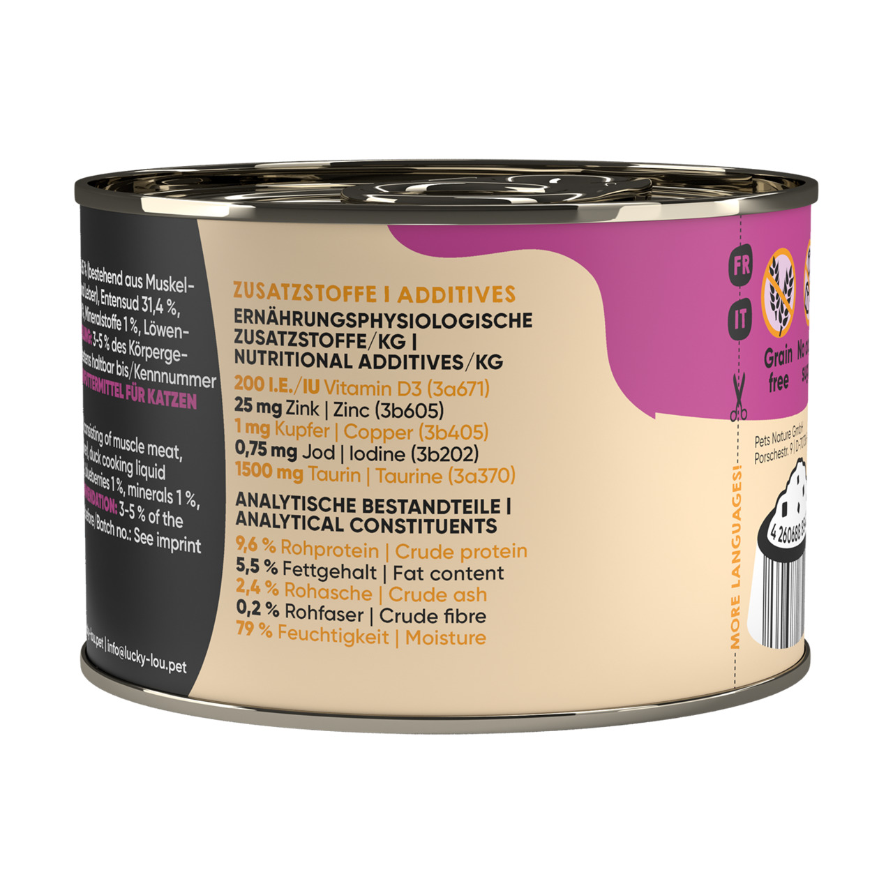 Lucky Lou Katzen-Nassfutter, getreidefrei, 9,6 % Rohprotein, 5,5 % Fett, Menge nicht erkennbar, Geschmacksrichtung unklar.