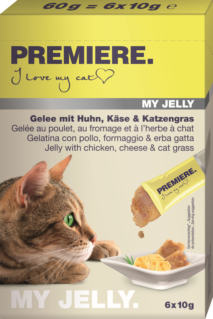PREMIERE My Jelly Katzenfutter, Huhn-Käse-Katzengras, 60 g (6x10 g), für Katzen, appetitlicher Serviervorschlag auf der Verpackung.