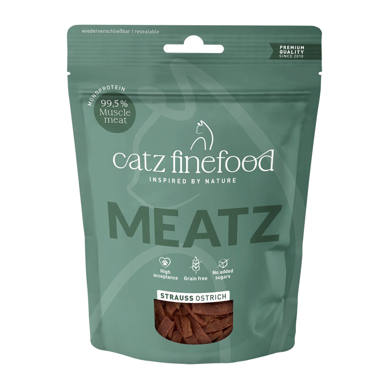 Catz finefood Meatz für Katzen, Geschmacksrichtung Strauß, 99,5 % Muskelfleisch, getreidefrei, wiederverschließbare Verpackung, 50 g.