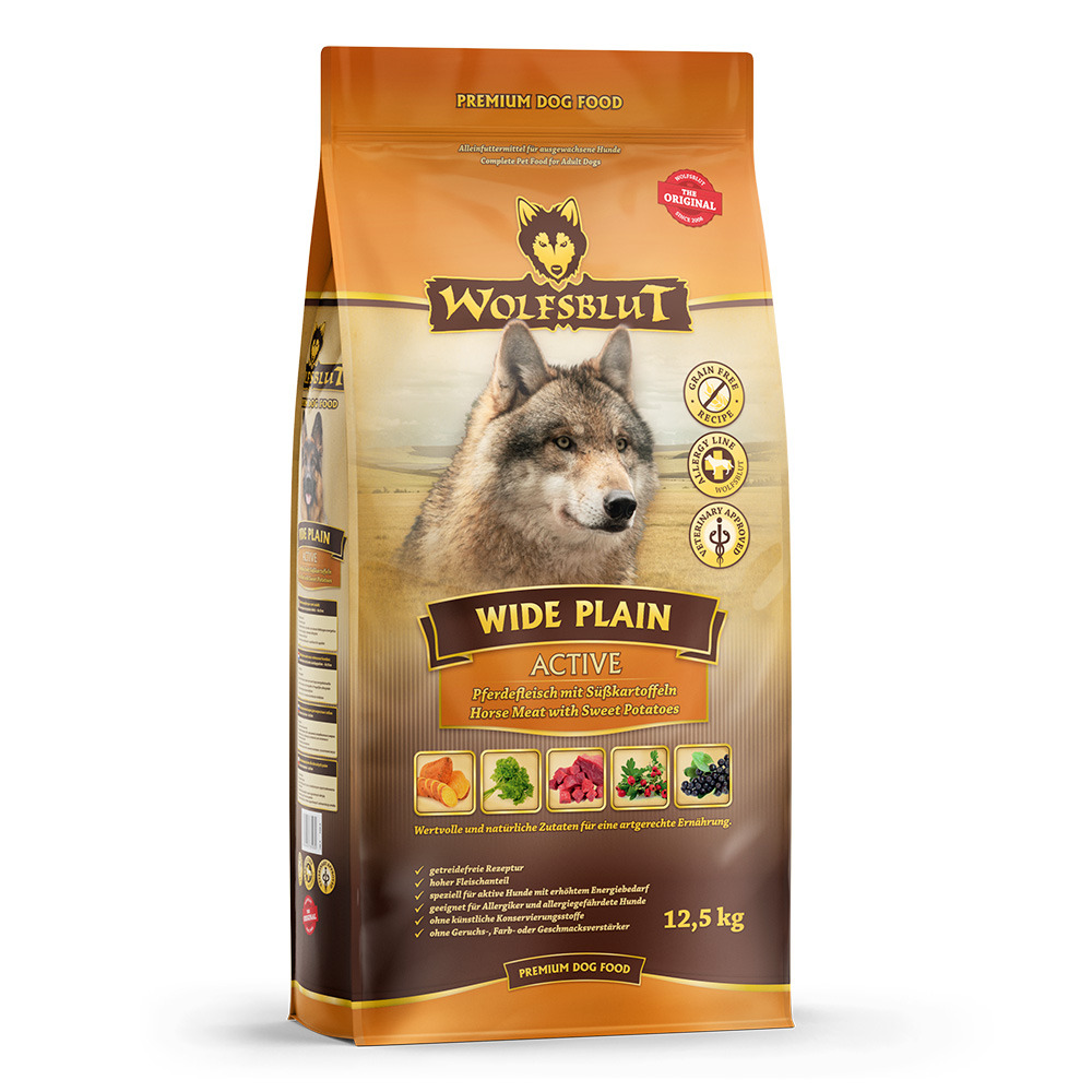 Wolfsblut Wide Plain Active Hundefutter, 12,5 kg, für ausgew. Hunde, Pferdefleisch & Süßkartoffeln, getreidefrei, nat. Zutaten.
