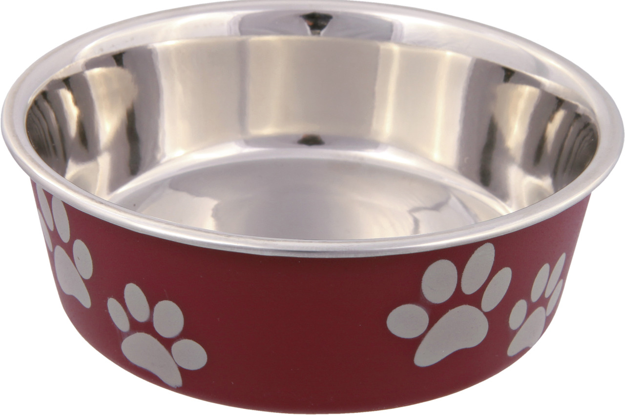 TRIXIE Futternapf, rot, Edelstahl, weiße Pfoten, für Hunde-Katzen, robust, leicht zu reinigen, ideal für Wasser-Futter.