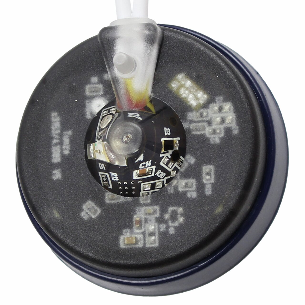 Nahaufnahme eines TUNZE Unterwassersensors mit schwarzer Oberfläche, elektronischen Bauteilen und transparenter Halterung oben.