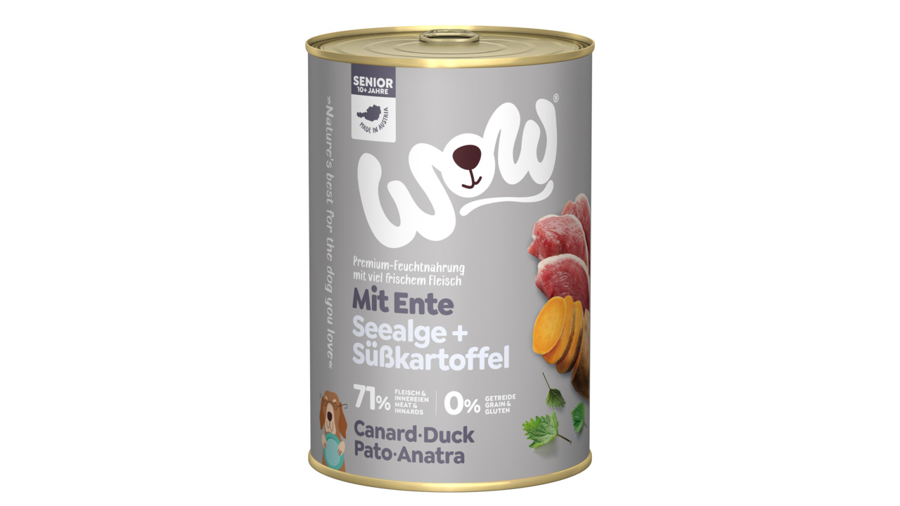 Sparpaket 24 x 400 g Wow Senior Ente mit Seealge + Süßkartoffel Hunde Nassfutter