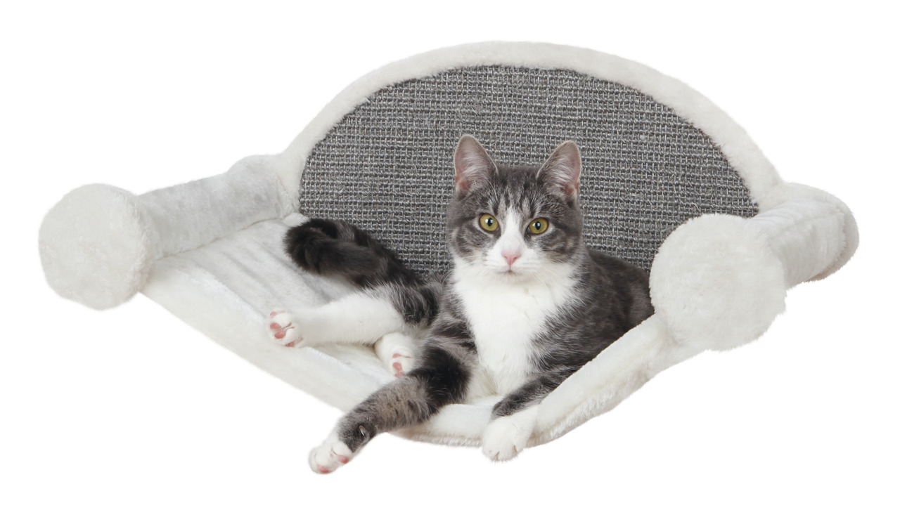 Das Bild zeigt das TRIXIE Kratzmöbel für Katzen, Modell "Kratzsofa", geeignet für Katzen aller Altersgruppen. Es besteht aus einem weichen, weißen Plüschbezug und einer robusten Kratzfläche aus Sisal. Eine graue Katze liegt entspannt darauf. Ideal zur Kra
