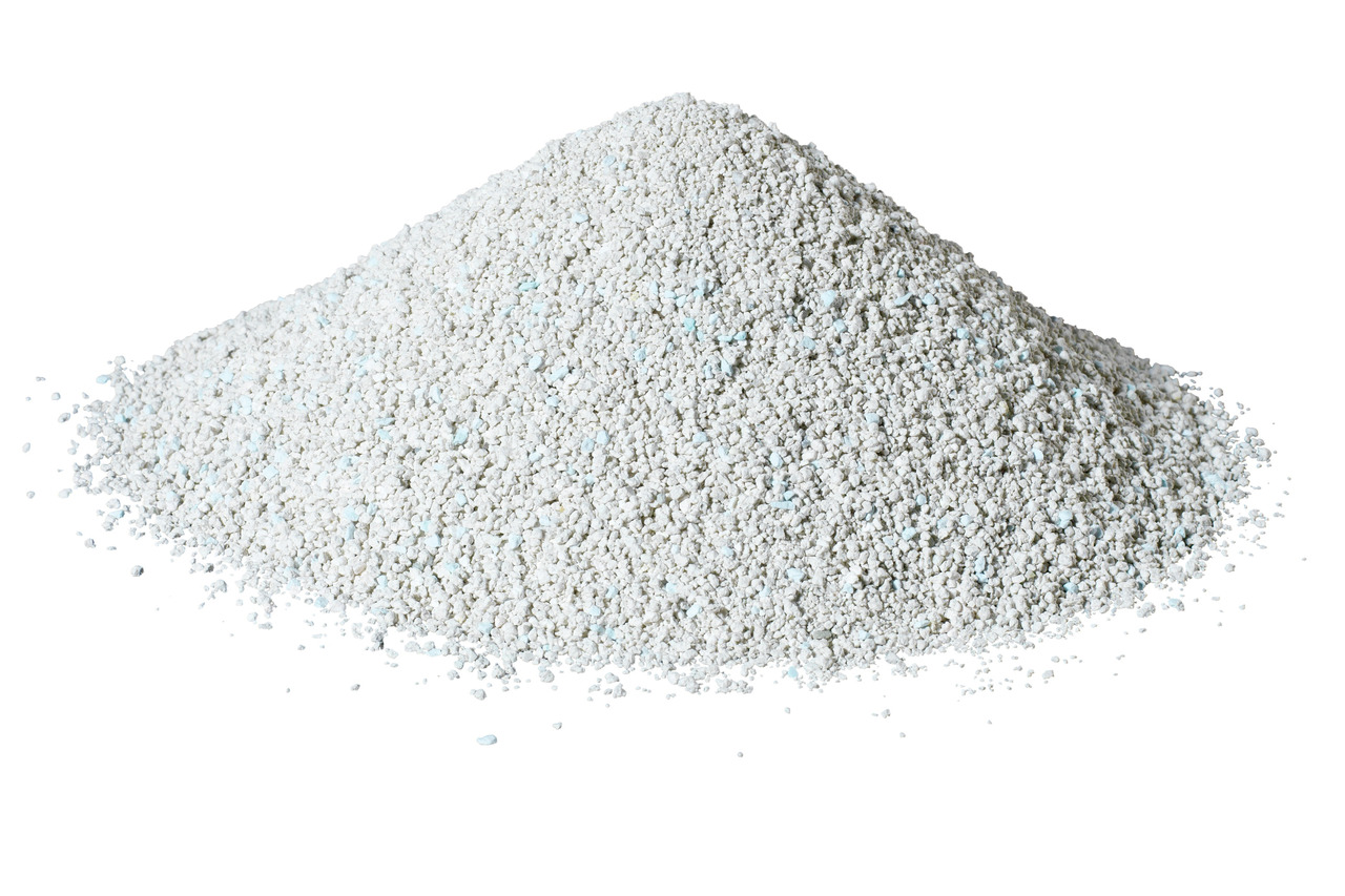 PREMIERE Katzenstreu, für Katzen, feine weiße Körner mit blauen Partikeln, optimale Geruchsbindung, ideal für Hygiene.