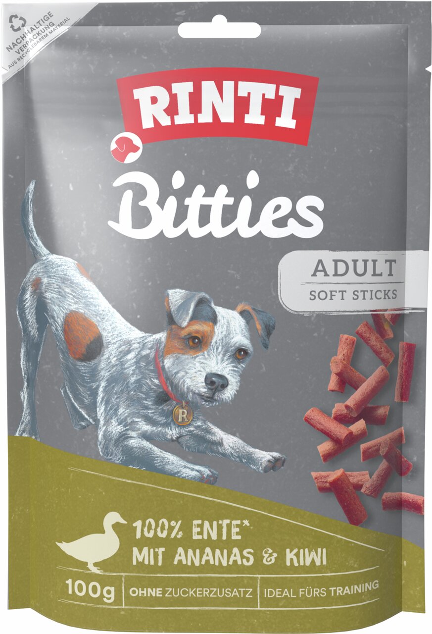 RINTI Bitties Adult Soft Sticks, Hunde, Ente mit Ananas & Kiwi, 100 g, ideal fürs Training, ohne Zuckerzusatz, recycelte Verpackung.
