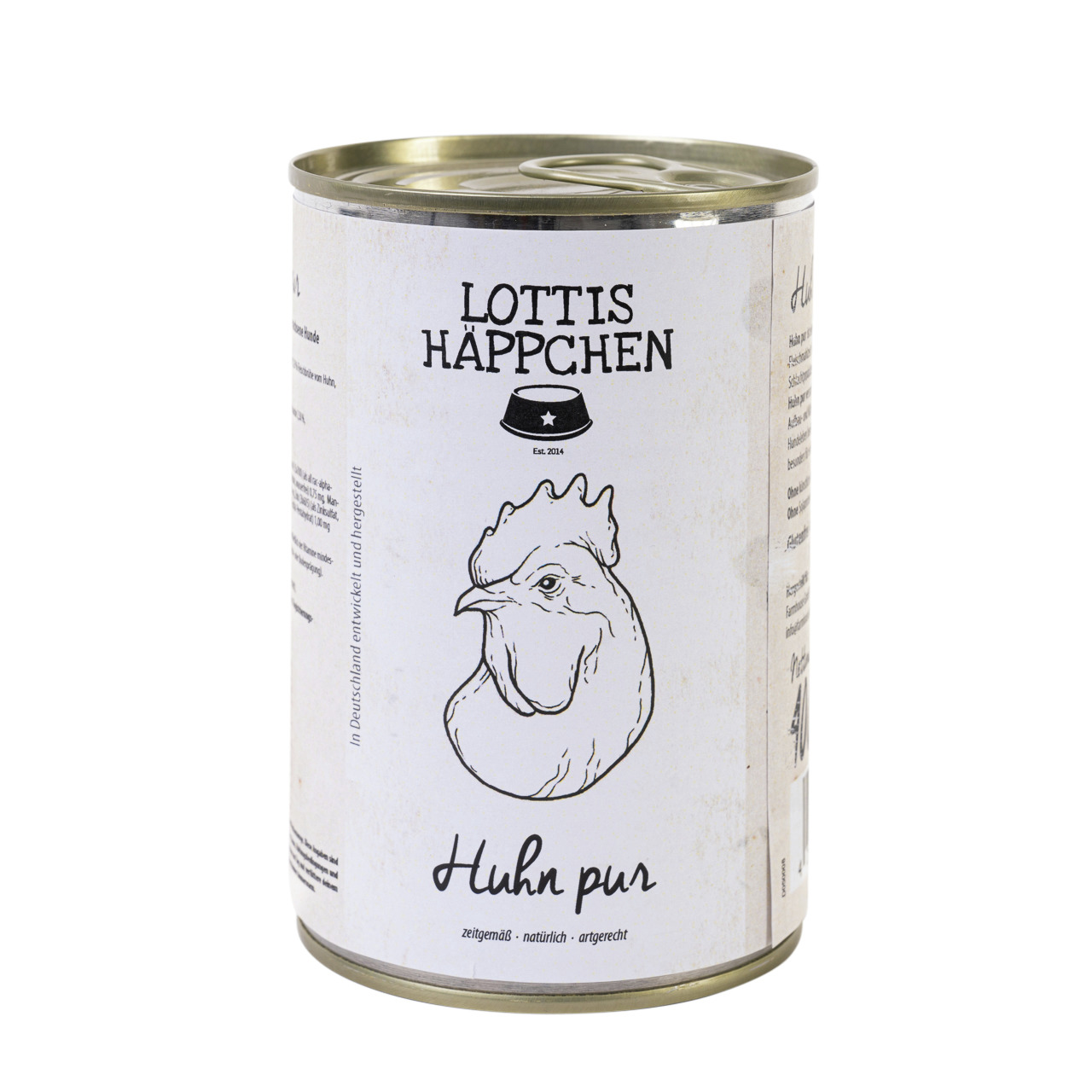 Das Bild zeigt eine Dose des Tierfutterprodukts „Lottis Häppchen – Huhn pur“. Die Marke „Lottis Häppchen“ ist prominent oben auf der Dose abgebildet, darunter eine Illustration eines Huhns. Das Produkt ist für Hunde geeignet und enthält reines Huhn. Auf d