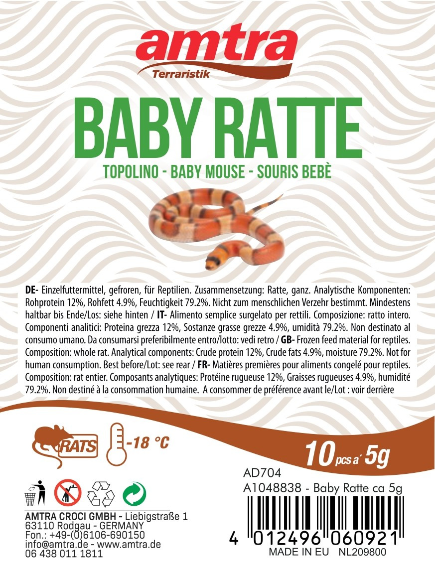amtra Terraristik Baby Ratte, Einzelfuttermittel für fleischfressende Reptilien, gefroren, 10 Stk. à 5 g, 12 % Protein, 4,9 % Fett.