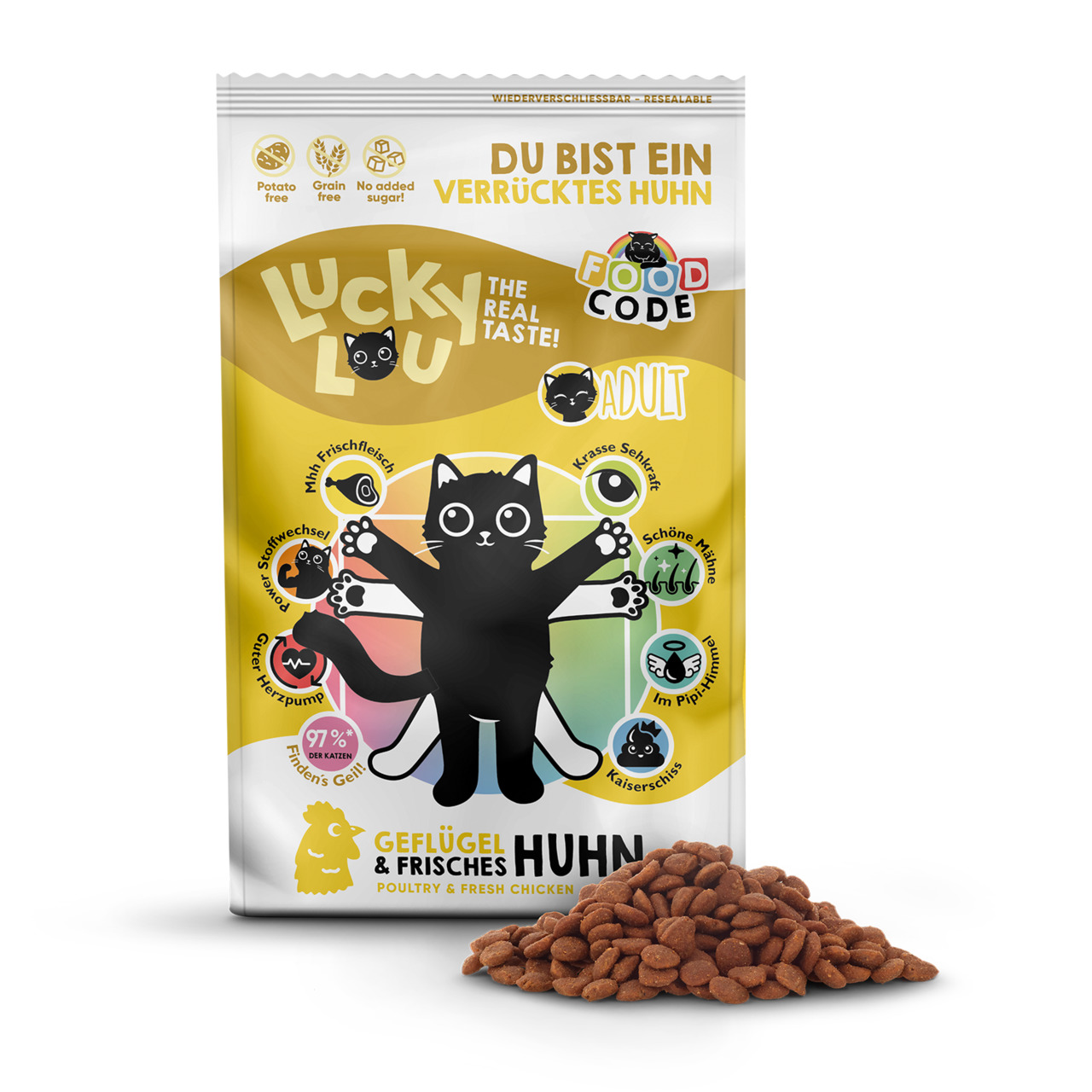 Lucky Lou Geflügel & Frisches Huhn, Adult Katzen, Huhn, frisches Fleisch, getreidefrei, ohne Zucker, wiederverschließbar.