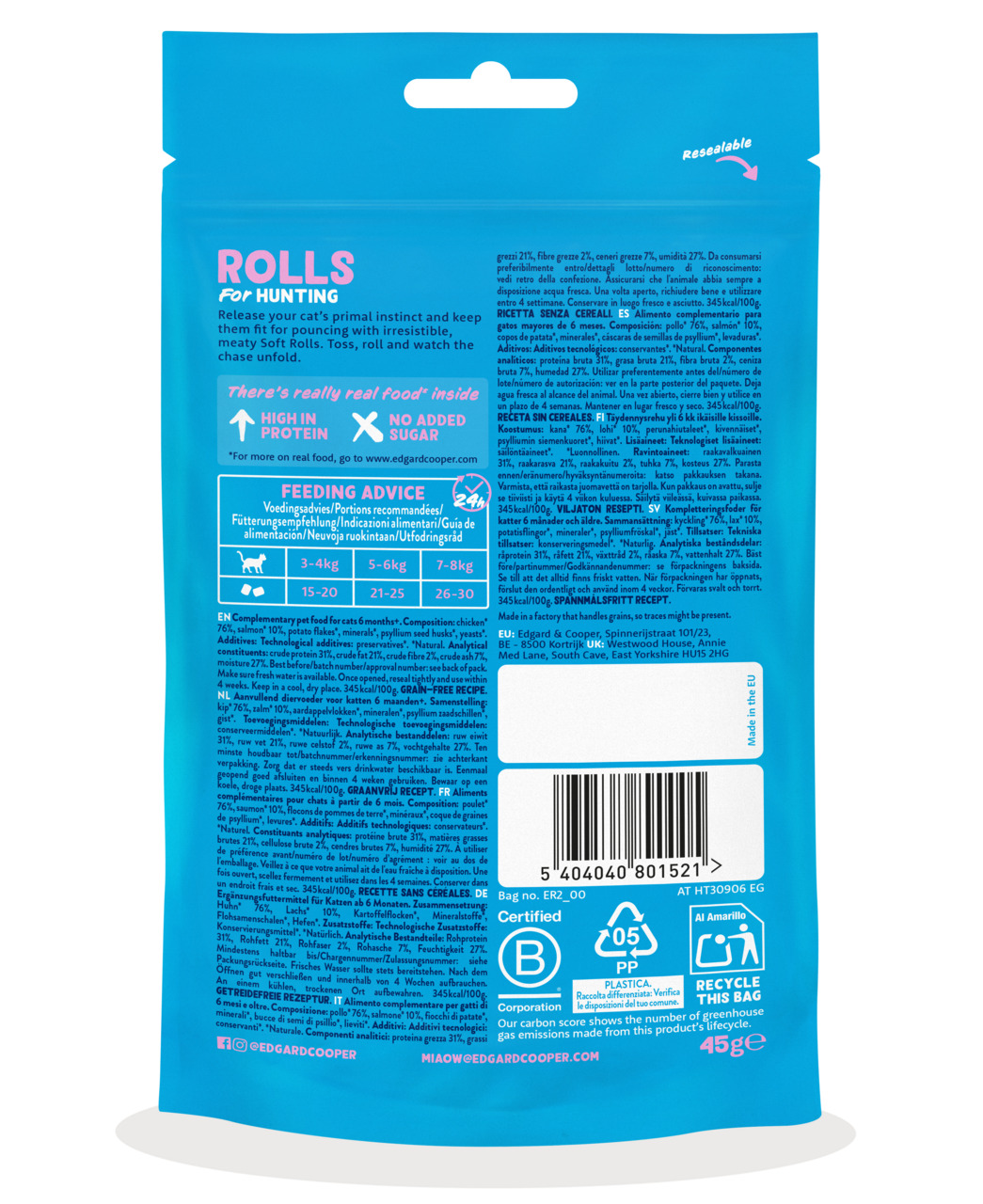 Edgard & Cooper Rolls for Hunting, Katzen (ab 6 Mon.), Huhn, 45 g, hoher Proteingehalt, ohne Zuckerzusatz, wiederverschließbar.