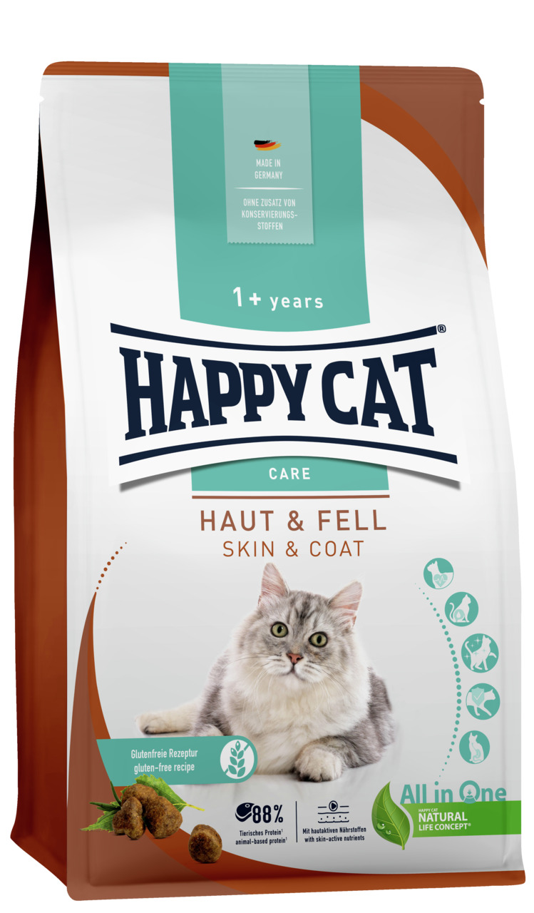 HAPPY CAT Care Haut & Fell, Katzenfutter ab 1 J., glutenfrei, 88 % tierisches Protein, für Haut & Fell, 1,3 kg.