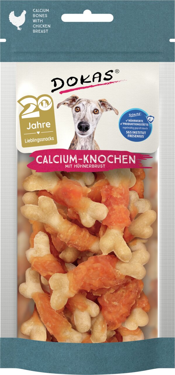 DOKAS Calcium-Knochen mit Hühnerbrust, für Hunde, Geschmack Huhn, nährstoffreich, 70 g, ideal als Snack oder Belohnung.