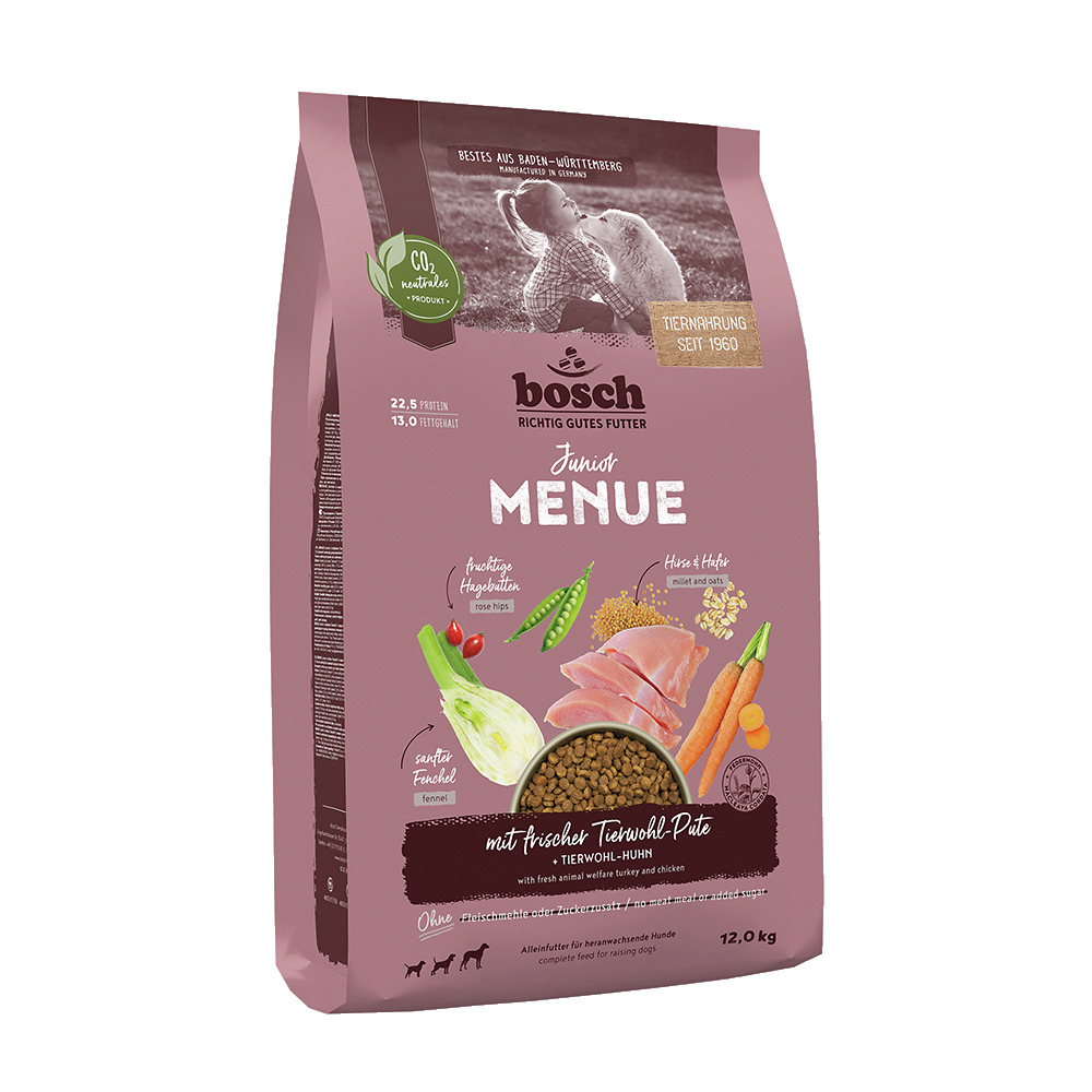 Das Bild zeigt eine Verpackung des Hundefutters „bosch Junior Menue“ der Marke bosch Tiernahrung. Es handelt sich um ein Alleinfuttermittel für heranwachsende Hunde. Die Geschmacksrichtung ist frische Tierwohl-Pute und Huhn. Die Verpackung enthält 12,0 kg