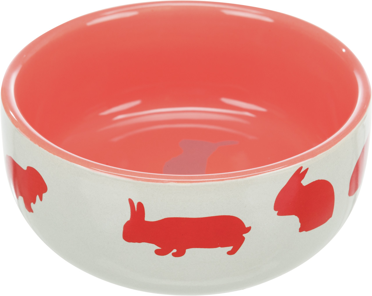 Keramiknapf von TRIXIE für Kleintiere, speziell für Kaninchen und Nager. Der Napf ist in Weiß und Rot gestaltet, mit roten Silhouetten von Kaninchen auf der Außenseite. Ideal für Futter oder Wasser, robust und leicht zu reinigen. Fassungsvermögen: ca. 250