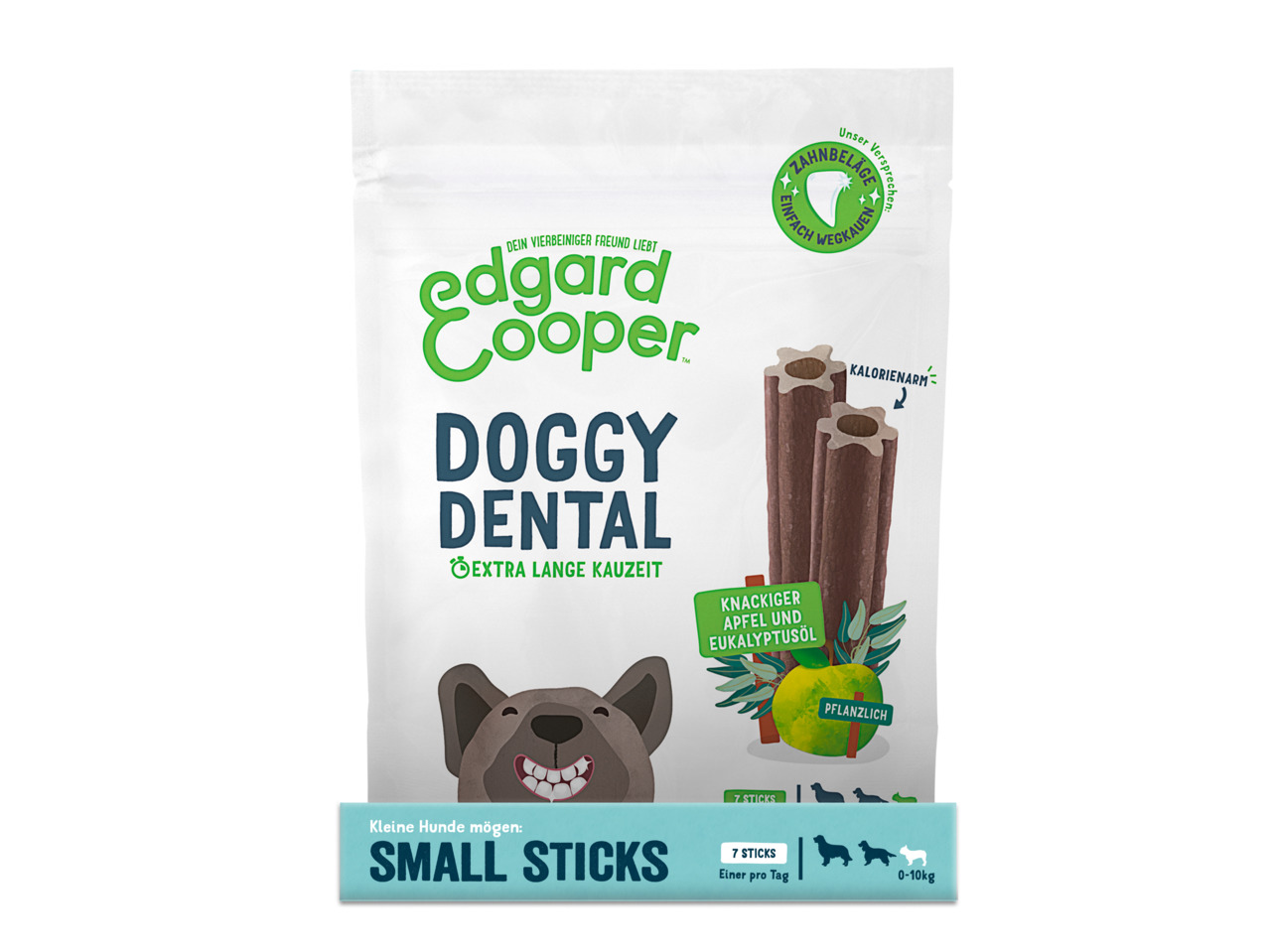 Edgard & Cooper Doggy Dental, kleine Hunde bis 10 kg, Apfel & Eukalyptus, 7 Sticks, kalorienarm, Zahnpflege, extra lange Kauzeit.