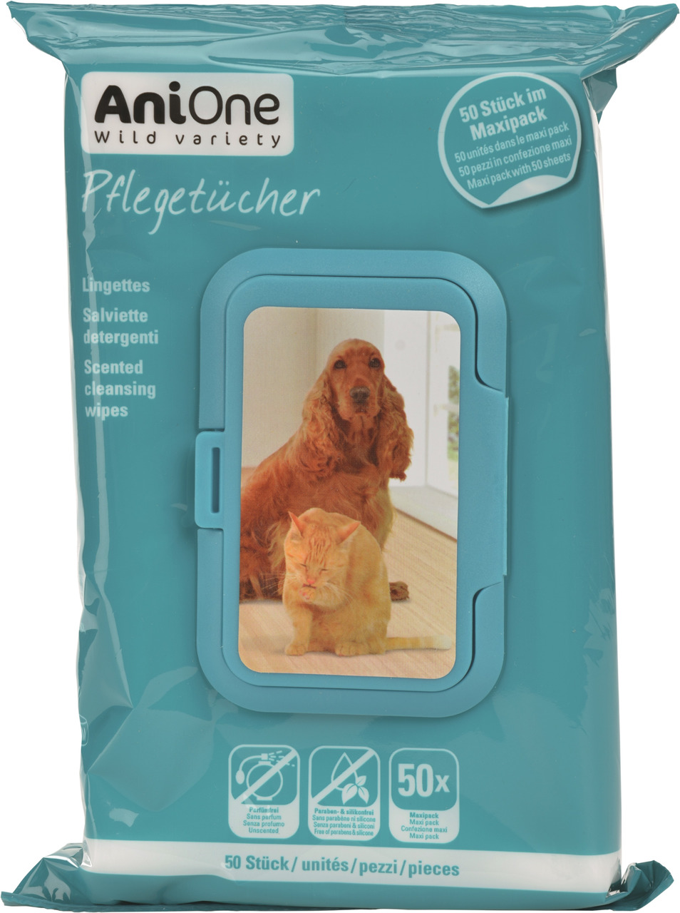 AniOne Pflegetücher, parfümfrei, ohne Parabene-Silikone, für Hunde-Katzen, sanfte Reinigung, 50 Stk. Maxi-Pack.