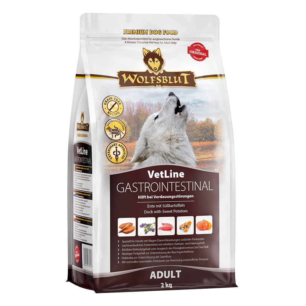 Wolfsblut VetLine Gastrointestinal, 2 kg, für ausgewachsene Hunde, Ente & Süßkartoffeln, getreidefrei, mit präbiotischen Zutaten.