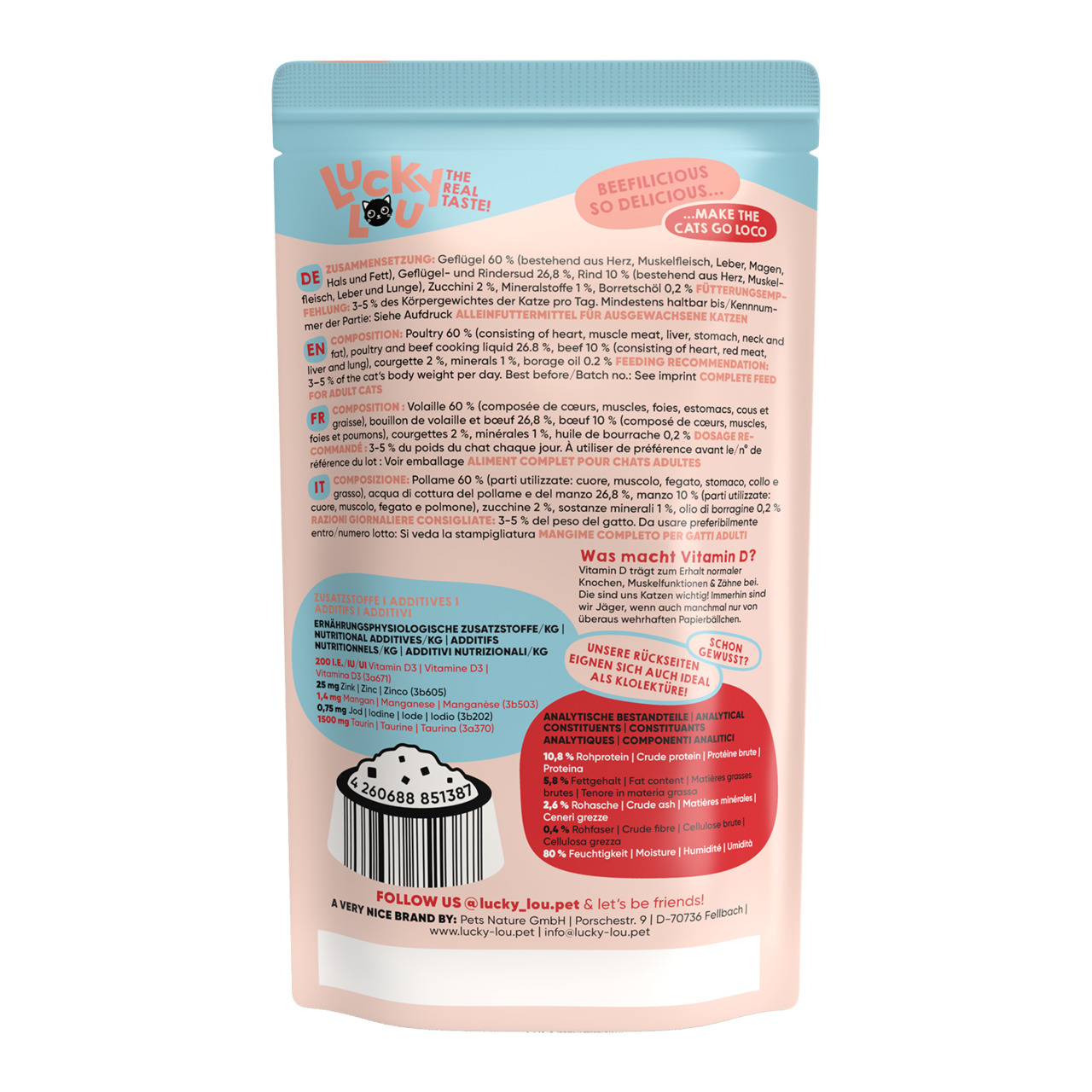 Lucky Lou – The Real Taste, Alleinfutter f. erw. Katzen, Geflügel (60 %), 85 g, „Beeffilicious – So Delicious“, „Make the Cats Go Loco“.