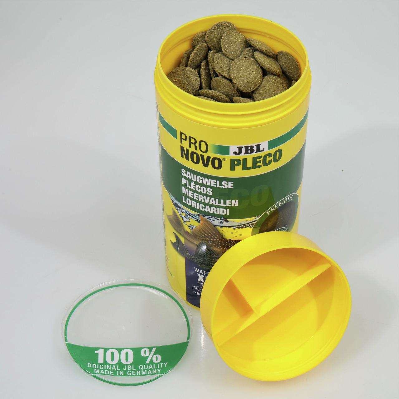 JBL Pro Novo Pleco: Fischfutter für Saugwelse & Plecos, braune Tabletten, „100 % Original JBL Quality Made in Germany“.