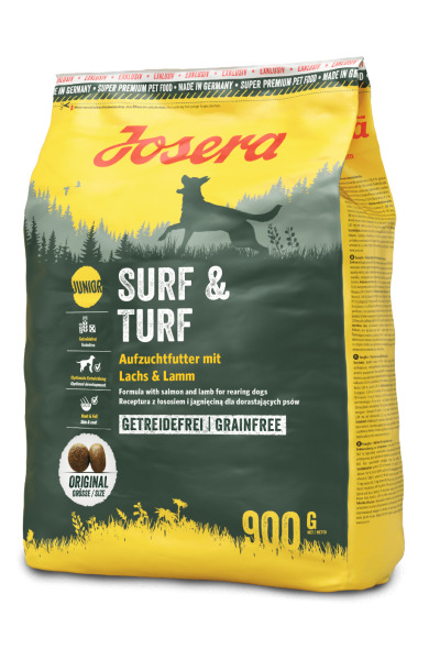 Josera Surf & Turf Junior, 900 g, getreidefreies Premium-Hundefutter mit Lachs & Lamm, für mittelgroße/große Junghunde, fördert Skelett.