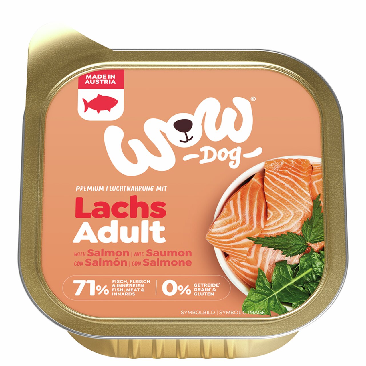 WOW DOG Lachs Adult, Premium-Feuchtnahrung für Hunde. Geschmacksrichtung: Lachs. Getreidefrei, 71% Fisch. Menge: 100g.