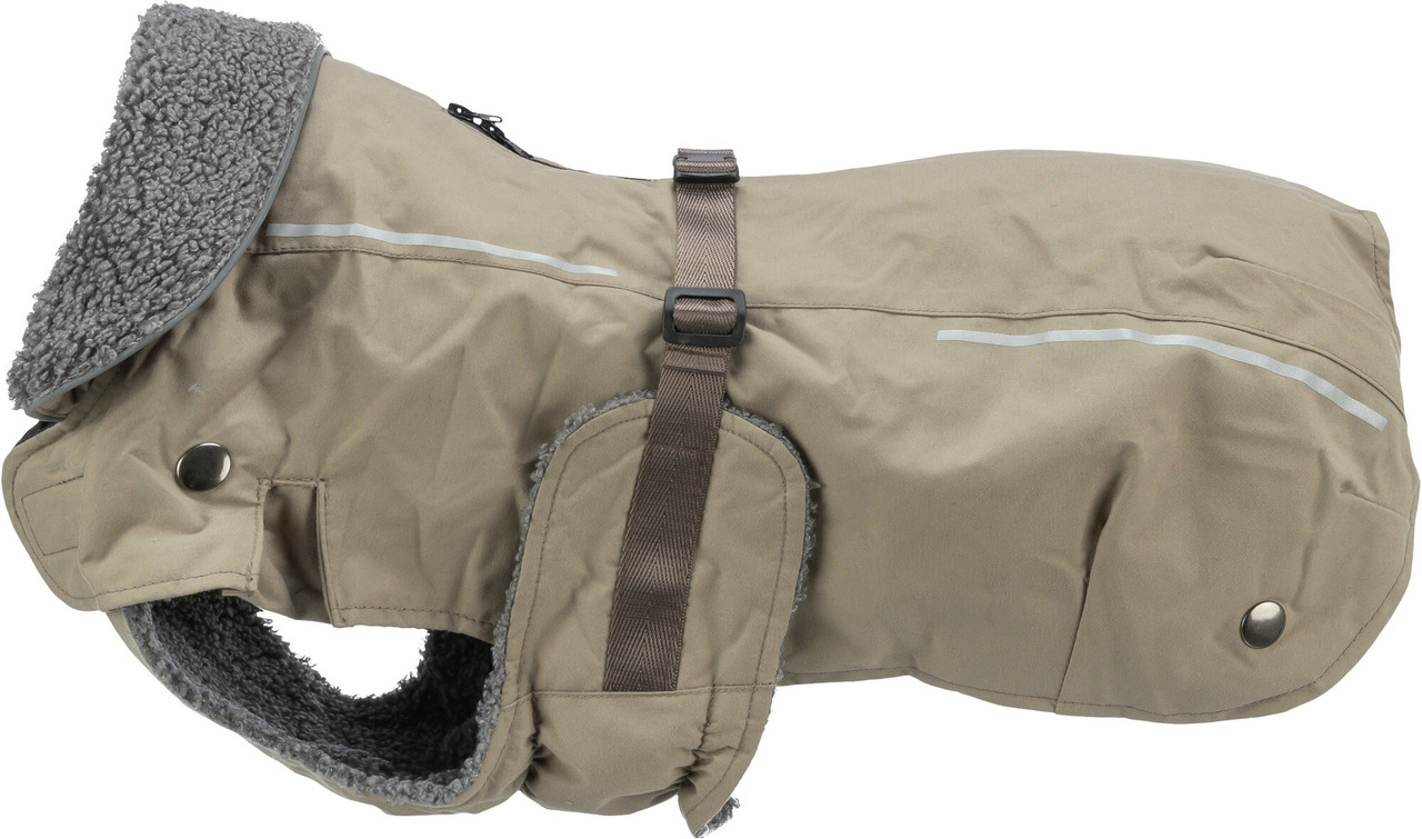 TRIXIE Hundemantel Gent, für Hunde, beige, Schutz vor Kälte/Nässe, Fleecefutter, reflektierend, verstellbar, Details auf Bild.