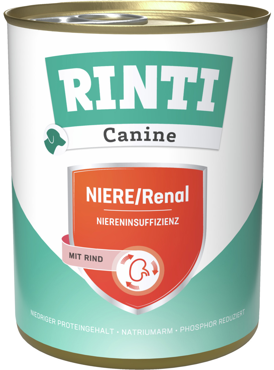 RINTI Canine Niere/Renal mit Rind, für Hunde mit Niereninsuffizienz, niedriger Proteingehalt, natriumarm, phosphor reduziert.
