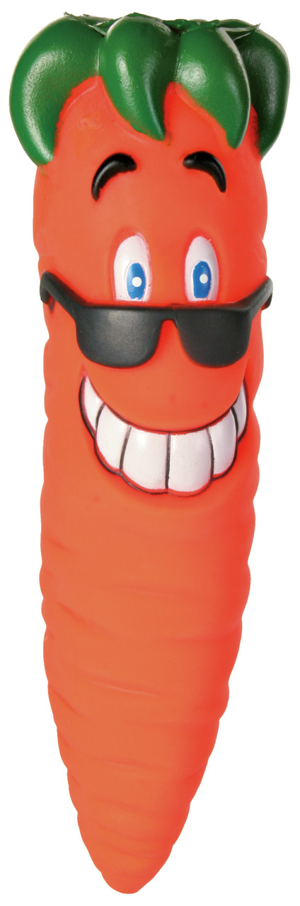 TRIXIE Hundespielzeug Karotte für Hunde, orange, mit Gesicht & Sonnenbrille, grünes Blatt-Haar, lustig geformt.