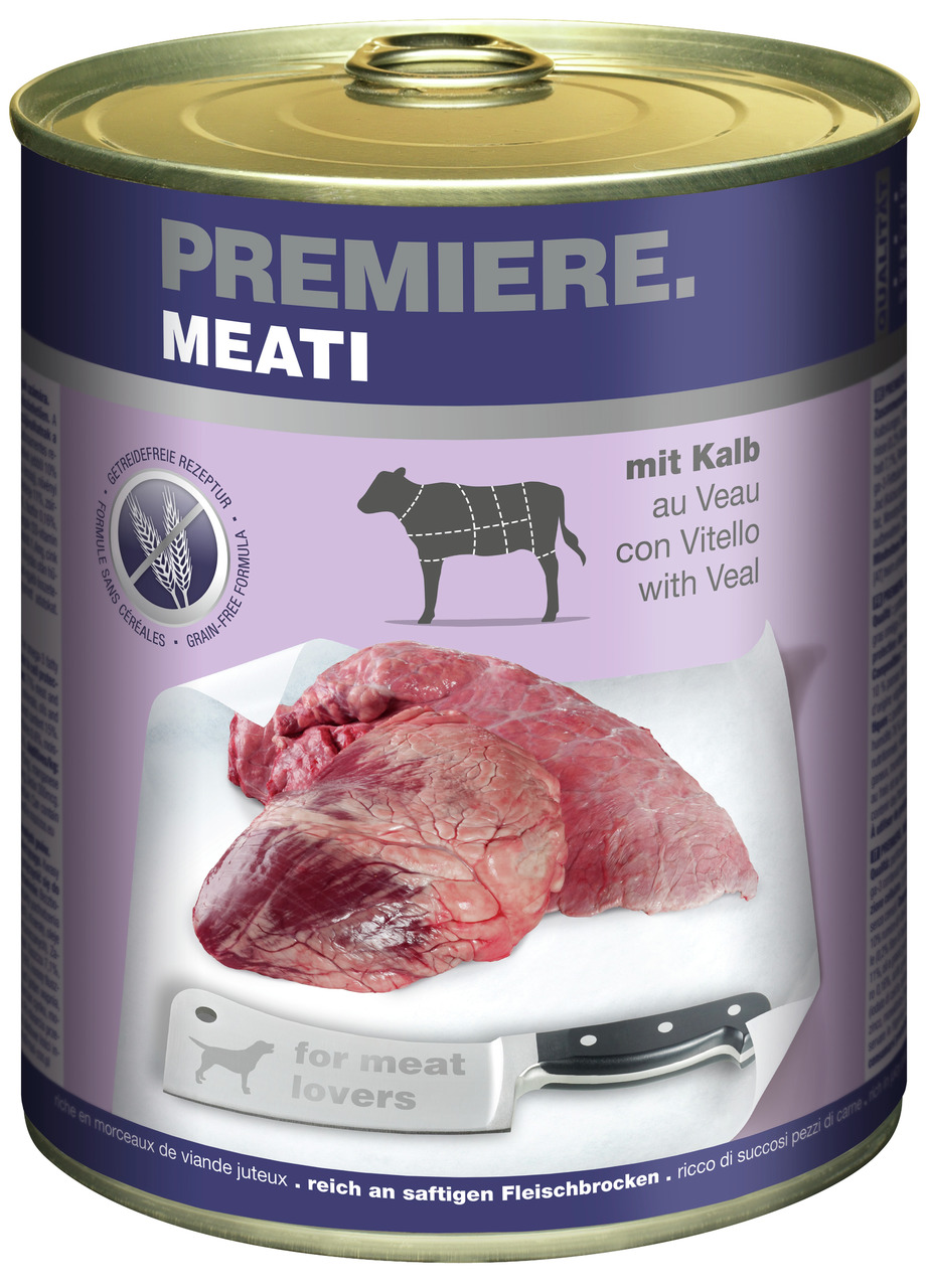 Die Abbildung zeigt eine Dose Hundefutter der Marke PREMIERE mit der Produktbezeichnung "MEATI". Das Futter ist für Hunde geeignet und enthält Kalbfleisch als Geschmacksrichtung. Auf der Dose ist ein Bild von frischem Fleisch sowie ein Messer mit der Aufs
