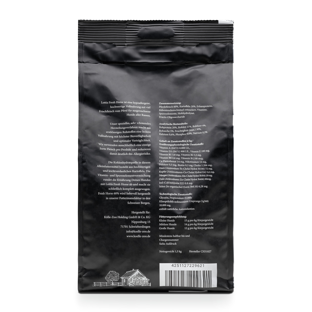 Rückseite einer schwarzen Verpackung des Hundefutters „Lottis Häppchen Fresh Horse“. Geeignet für Hunde aller Rassen, hypoallergen und mit frischem Pferdefleisch. Enthält hochwertige Zutaten wie Kartoffeln und Vitamine. Nettogewicht: 1,5 kg. EAN: 42511272