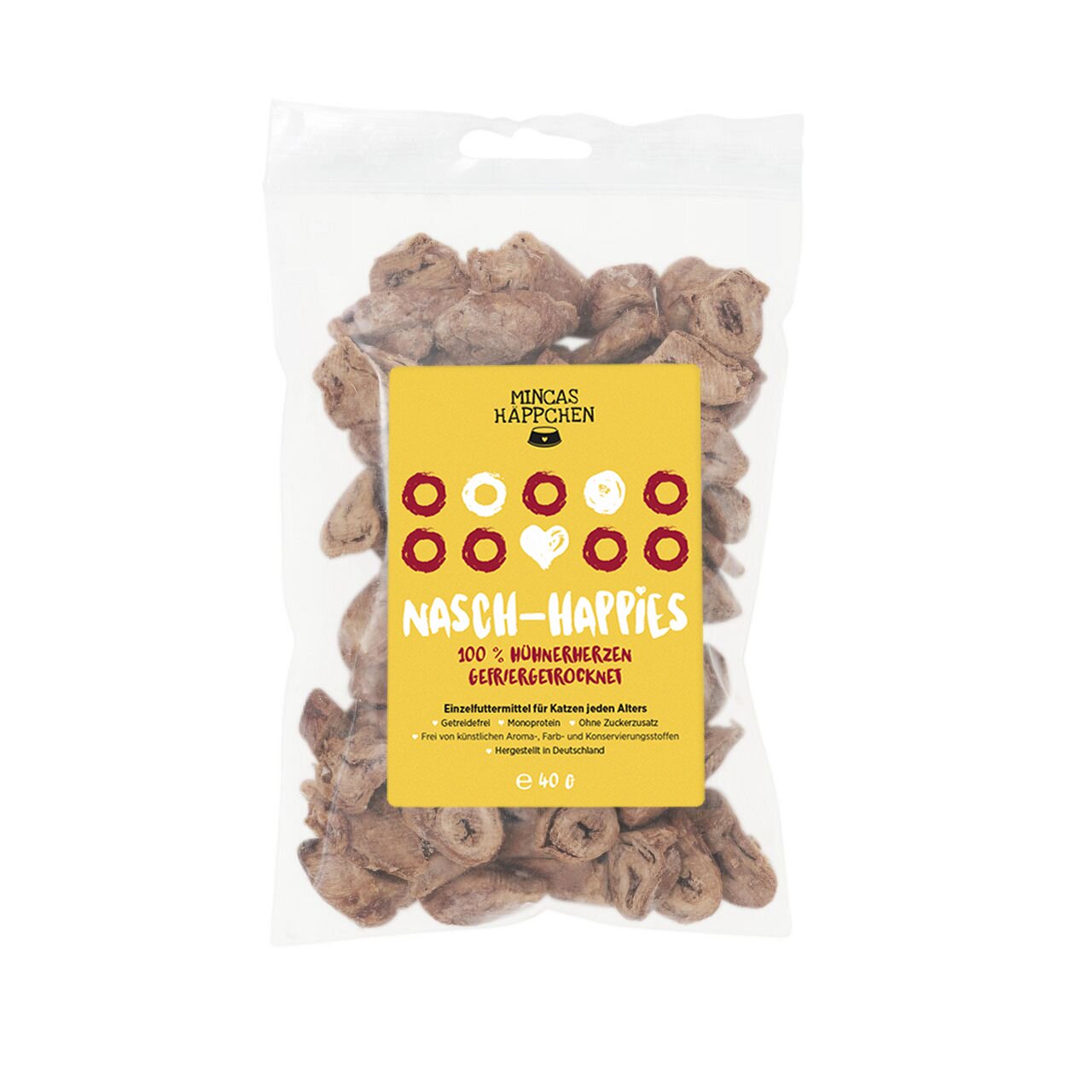 MINCAS HÄPPCHEN Nasch-Happies, gefriergetrocknete Hühnerherzen, Katzen jeden Alters, getreidefrei, monoprotein, ohne Zucker, 40 g.