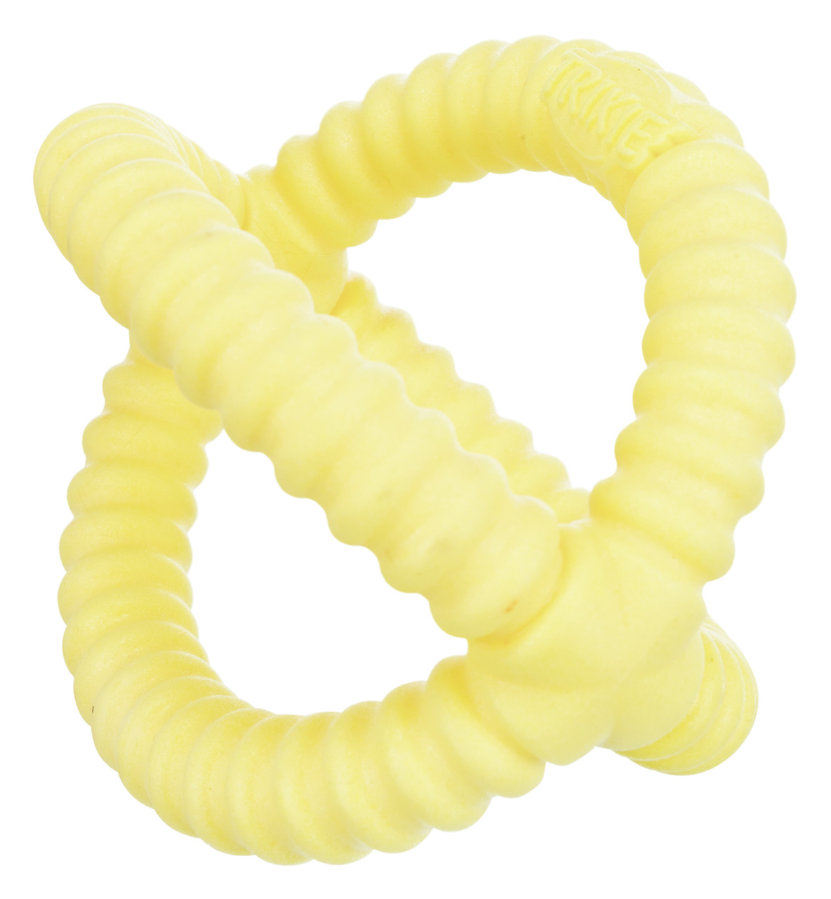 Das Bild zeigt das TRIXIE Hundespielzeug "Denta Fun Kauknoten" in Gelb, geeignet für Hunde aller Größen. Es besteht aus robustem Naturgummi mit geriffelter Oberfläche, die die Zahnpflege unterstützt und das Zahnfleisch massiert. Ideal für spielerische Bes