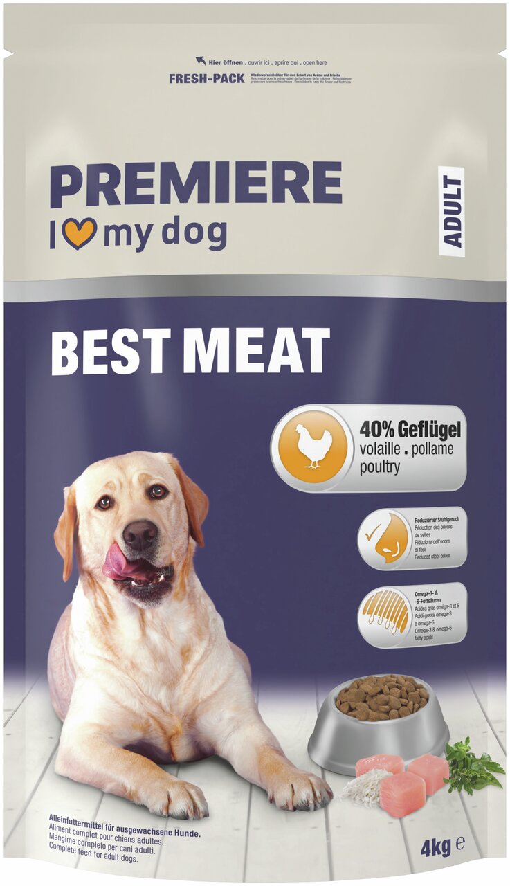 PREMIERE Best Meat Hundefutter, Geflügel (40 %), für ausgewachsene Hunde, 4 kg, mit Omega-3/-6, reduziert Stuhlgeruch.