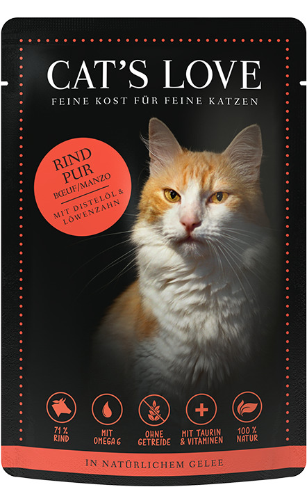 Sparpaket 24 x 85 g Cat's Love Adult Rind pur mit Distelöl & Löwenzahn Katzen Nassfutter