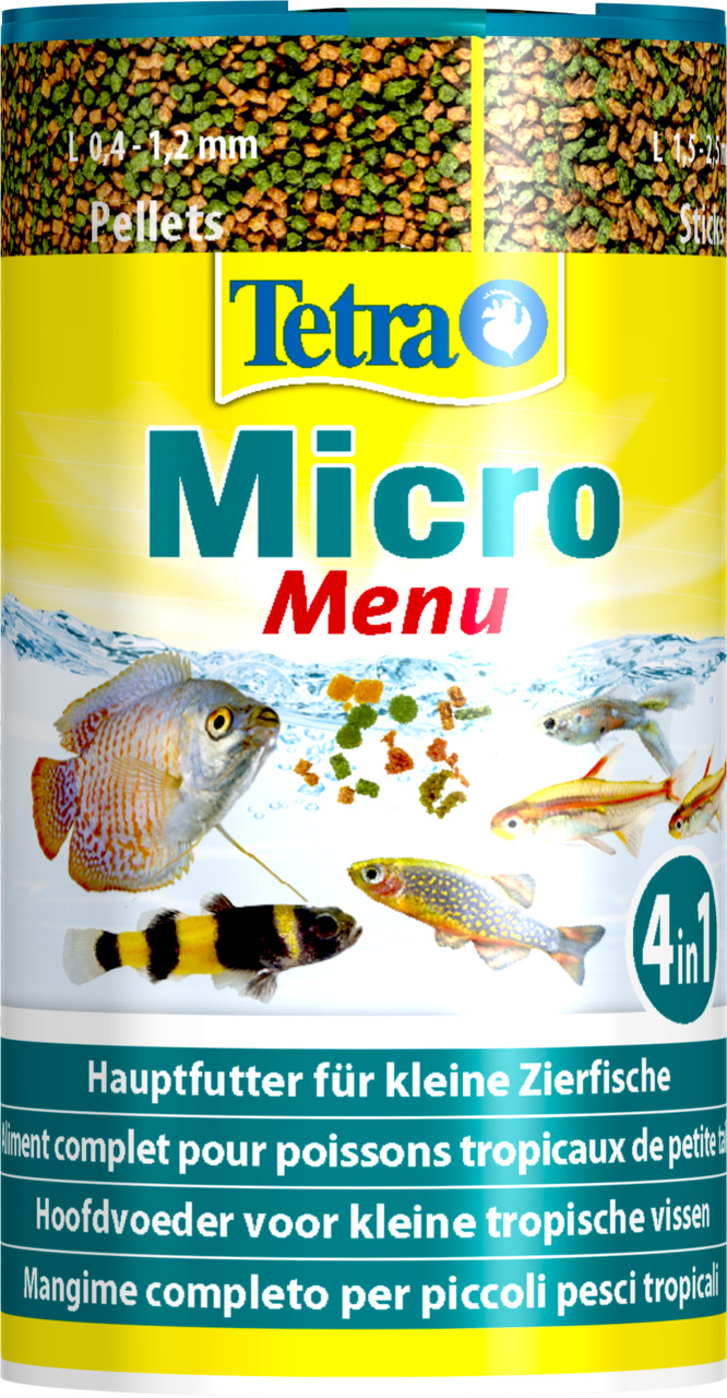 Tetra Micro Menu, Hauptfutter f. kl. trop. Zierfische, 4-in-1, Pellets & Sticks (0,4–1,2 mm).