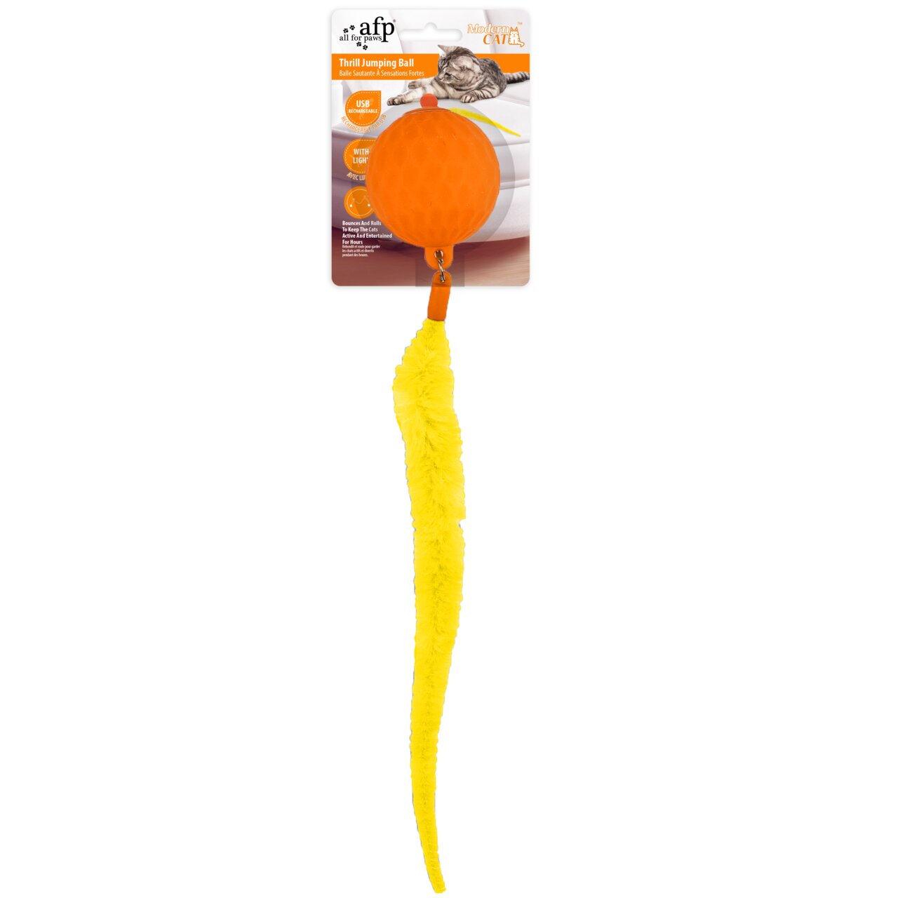 Spielzeug für Katzen: All for Paws Thrill Jumping Ball, USB-Aufladung, mit gelbem Schwanz, ideal zur Unterhaltung.