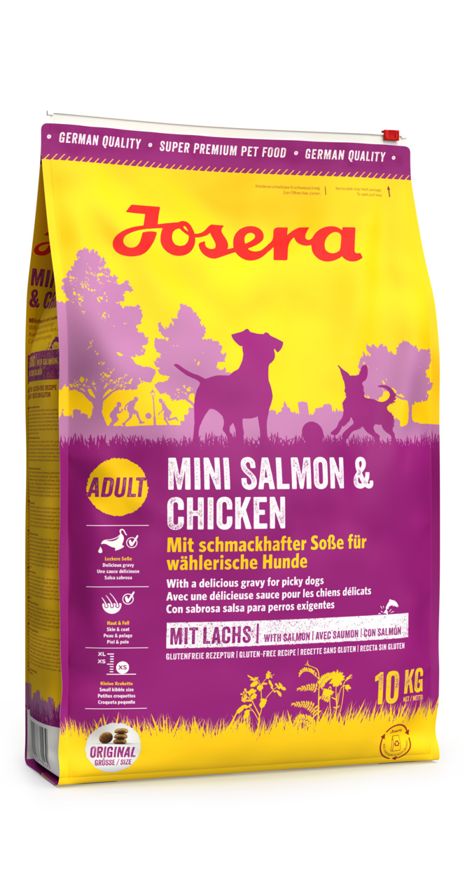Josera Mini Salmon & Chicken, glutenfreies Trockenfutter für wählerische Adult-Hunde, Lachs & Huhn, mit Soße, 10 kg.
