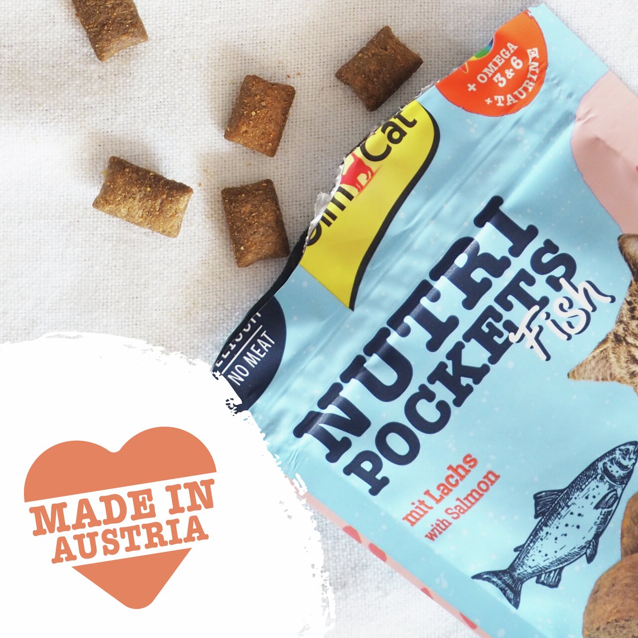 GimCat Nutri Pockets mit Lachs für Katzen, Omega 3 & 6, hergestellt in Österreich, knusprige Snacks ohne Fleisch, 60 g.
