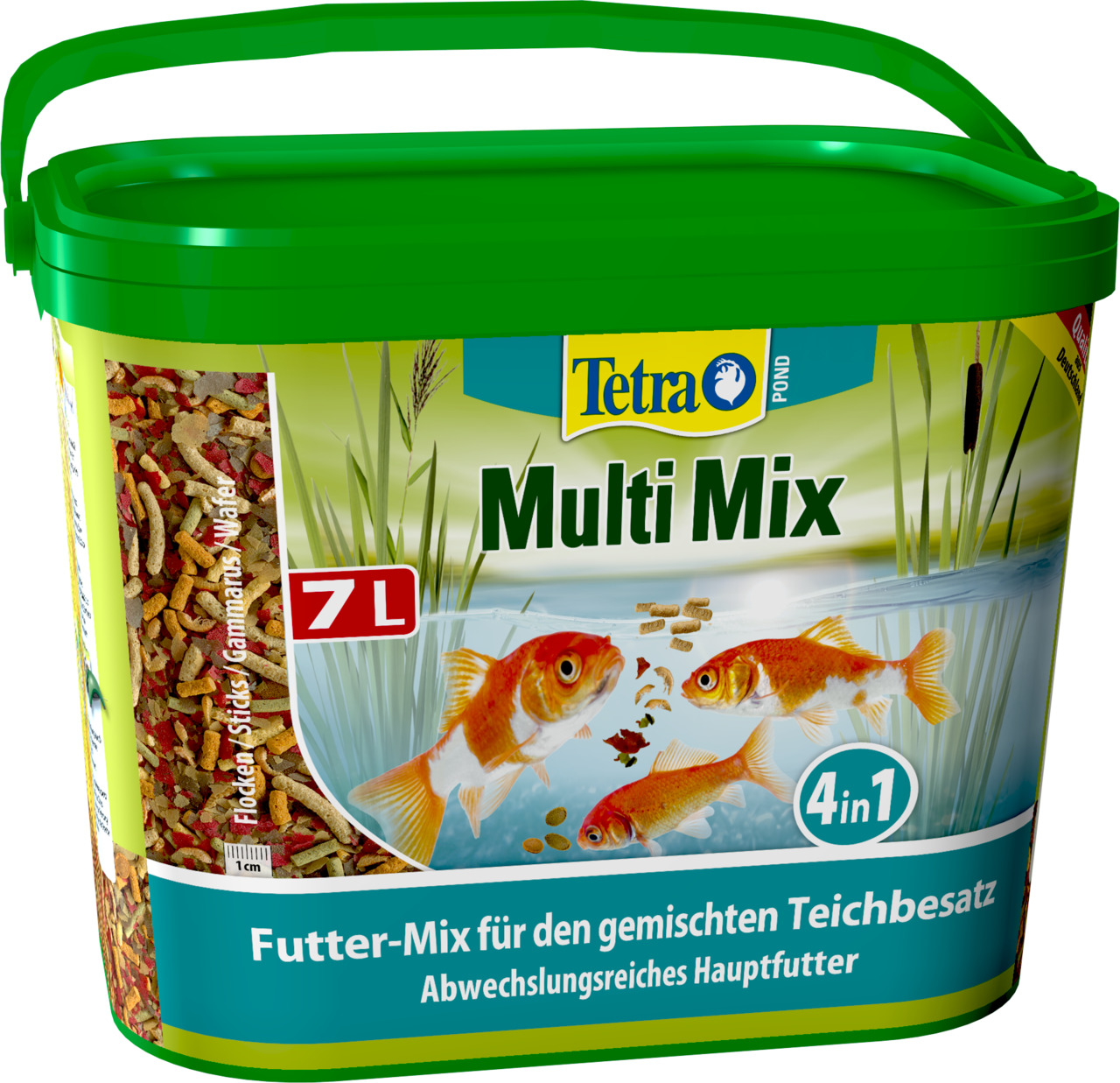Tetra Pond Multi Mix, Hauptfutter f. gem. Teichbesatz, 4-in-1-Kombi (Flocken, Sticks, Gammarus, Wafer), 7L, mit Goldfisch-Abbildung.