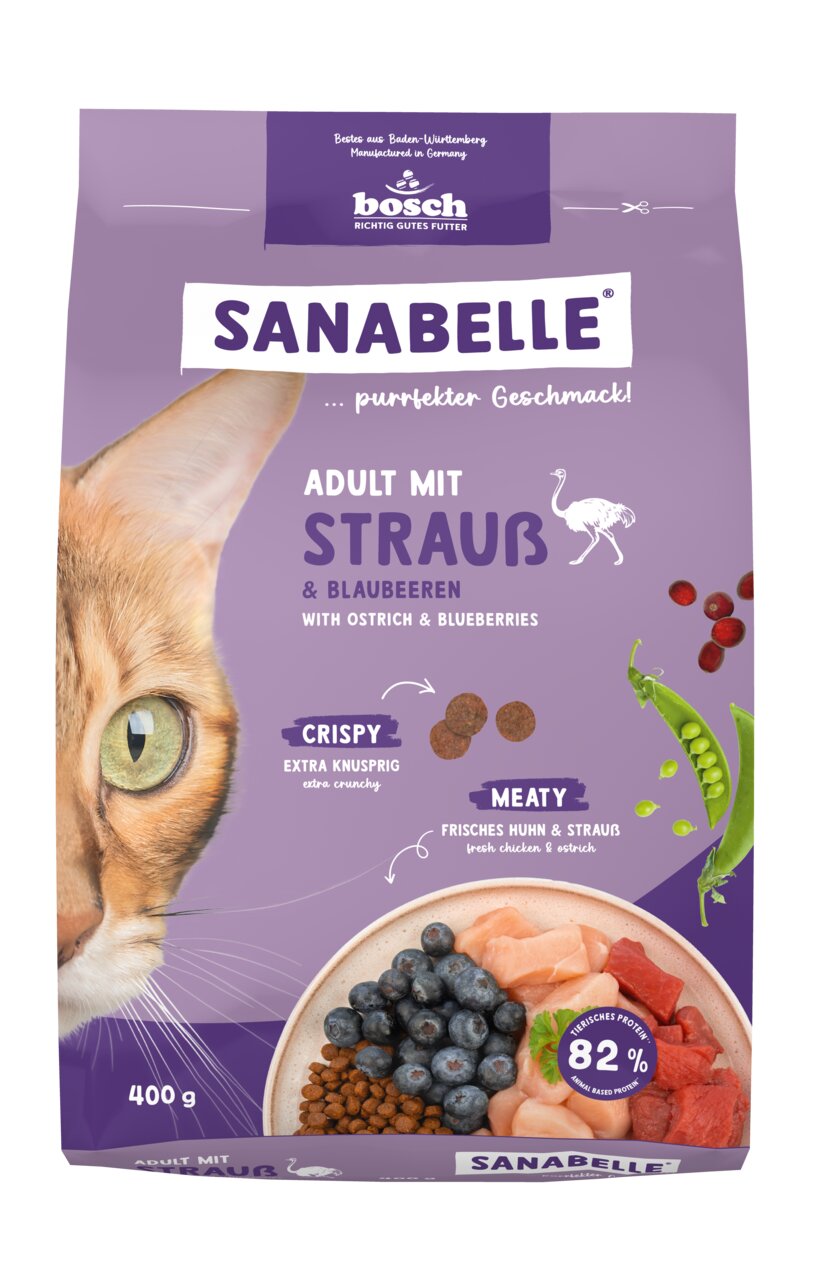 Sanabelle Adult Strauß & Blaubeeren, Bosch, für ausgewachsene Katzen, extra knusprig, 82 % tierisches Protein, 400 g.