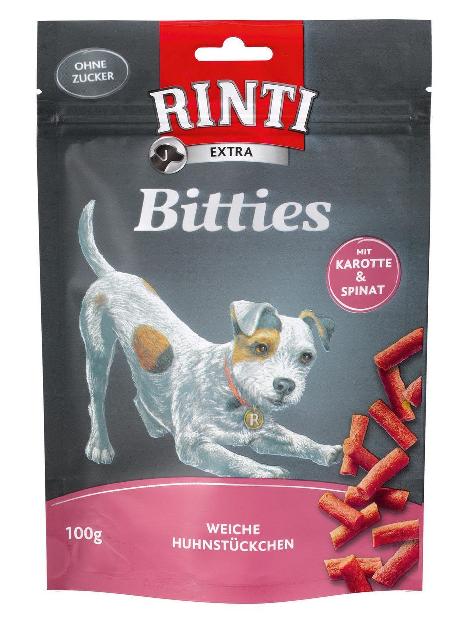 Rinti Bitties Weiche Huhnstückchen mit Karotte & Spinat Hunde Snack 100 g