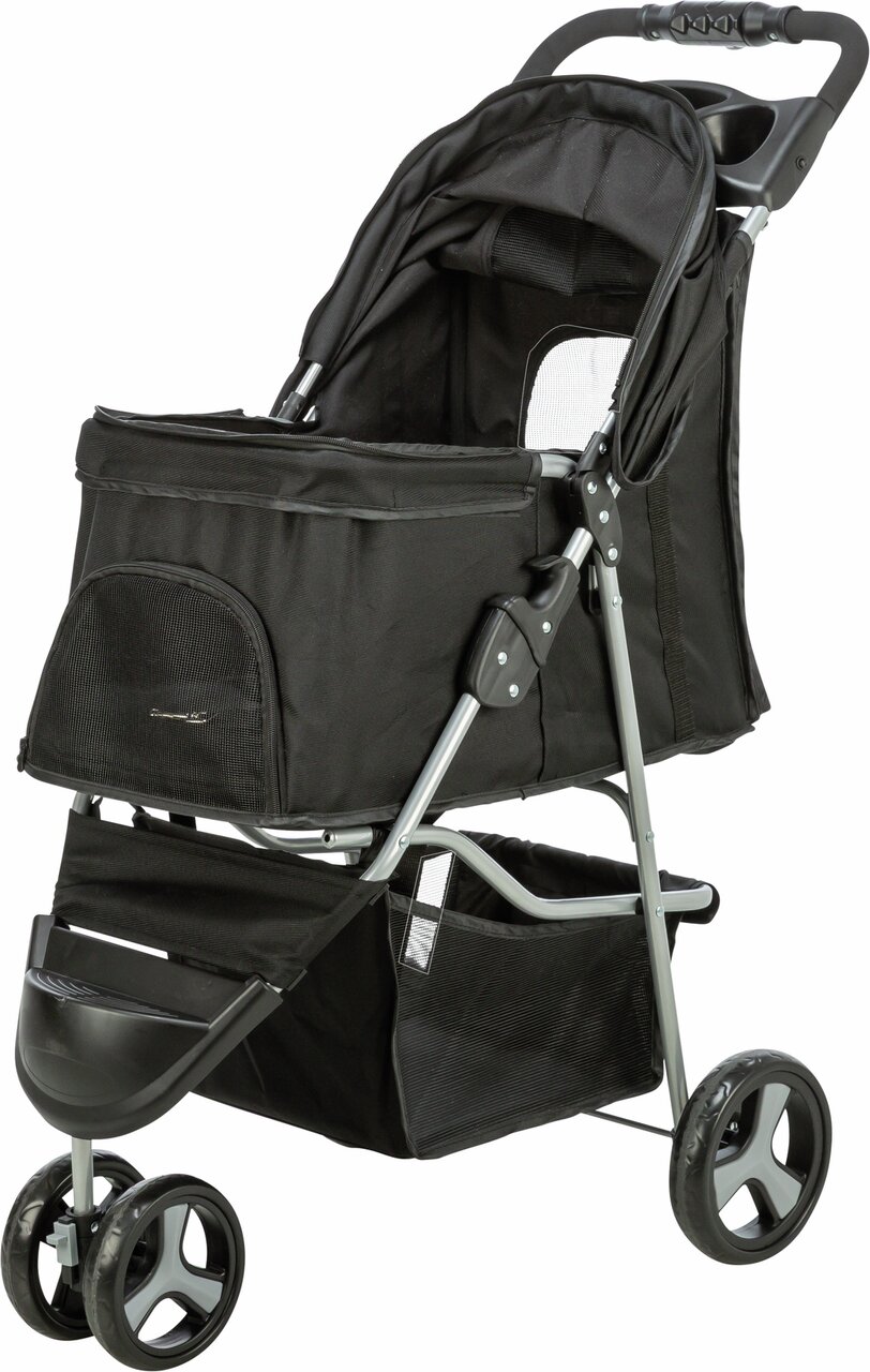 Schwarzer TRIXIE Haustier-Buggy für Hunde und Katzen, mit Sichtfenstern, Stauraum und stabilen Rädern, ideal für unterwegs.