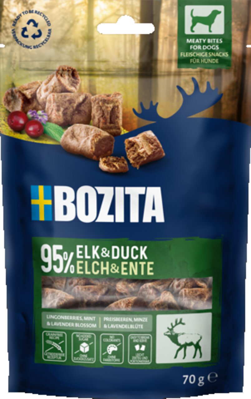 Bozita Fleischsnacks Elch & Ente für Hunde, mit Preiselbeeren, Minze, Lavendelblüte, 95% Fleischanteil, 70 g.