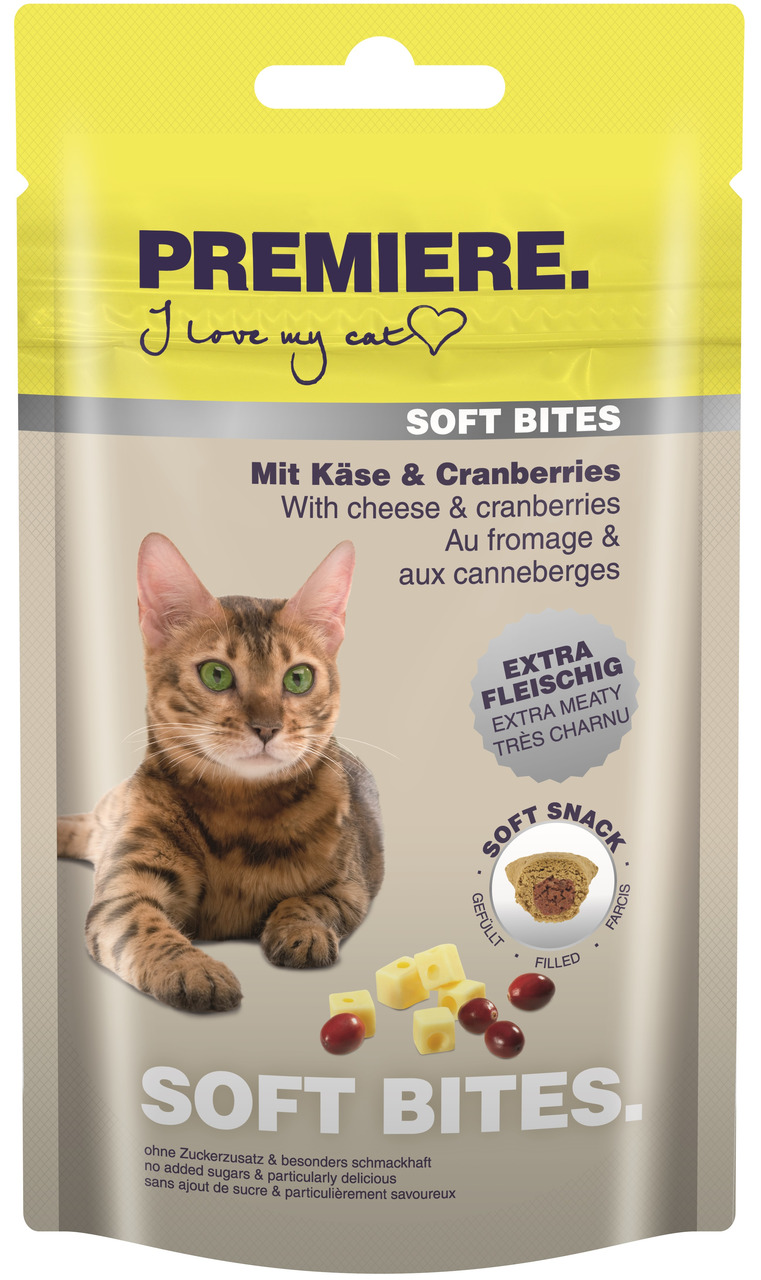 PREMIERE Soft Bites Katzenfutter, Käse & Cranberries, extra fleischig, ohne Zuckerzusatz, besonders schmackhaft.