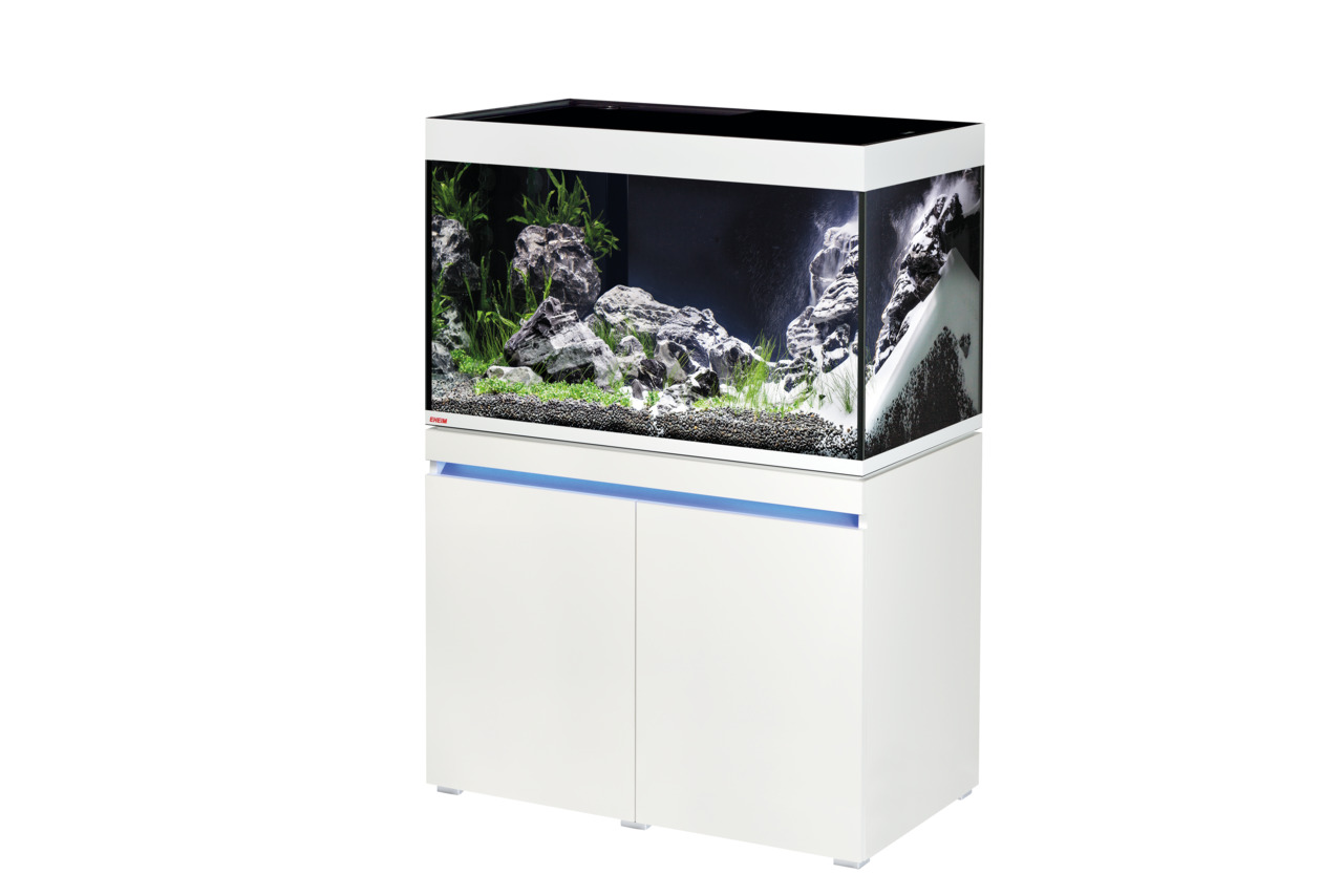 EHEIM aquarium proxima 250, Aquarium-Set f. Fischliebhaber, modernes Design m. weißem Unterschrank, dekorative Steine+Pflanzen.