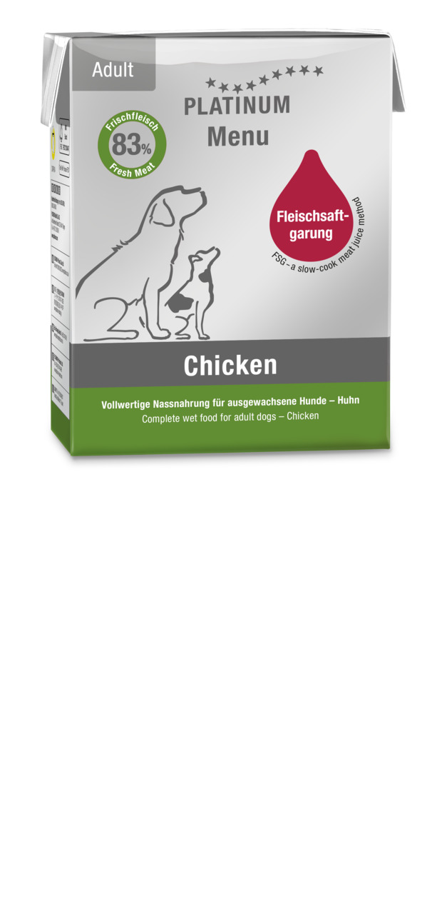PLATINUM Menu Chicken, Hundefutter f. ausgewachsene Hunde, 83 % Frischfleisch, Fleischsaftgarung, Geschmacksrichtung Huhn.