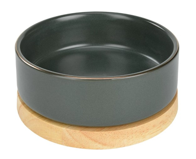 Keramik-Hundenapf MORE, Dunkelgrün, mit Holzständer, für Hunde, ideal für Trocken-/Nassfutter & Wasser, modernes Design, stabil, hochwertig.
