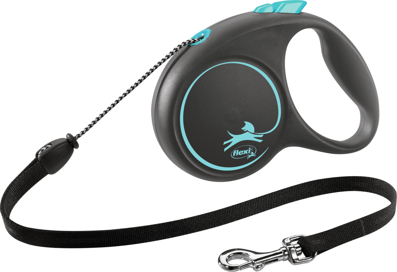 Schwarze Flexi Hundeleine mit türkisfarbenen Akzenten, geeignet für Hunde. Die Leine ist ausziehbar und verfügt über einen ergonomischen Griff für komfortable Handhabung. Sie ist mit einem stabilen Karabinerhaken ausgestattet und ideal für Spaziergänge. M