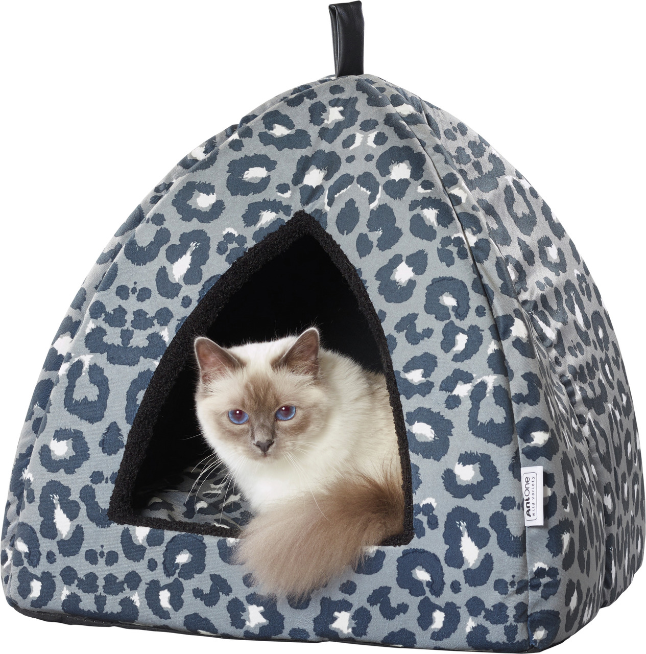 AniOne Katzenbett, dreieckig, Leopardenmuster Grau/Blau, weiche Polsterung, Rückzugsort/Schlafplatz, EAN 4047777223733.